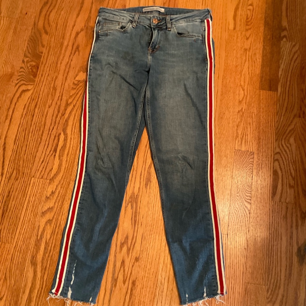 Zara Jeans with Red and White Side Stripe, Distressed and Frayed, 5-Pock…